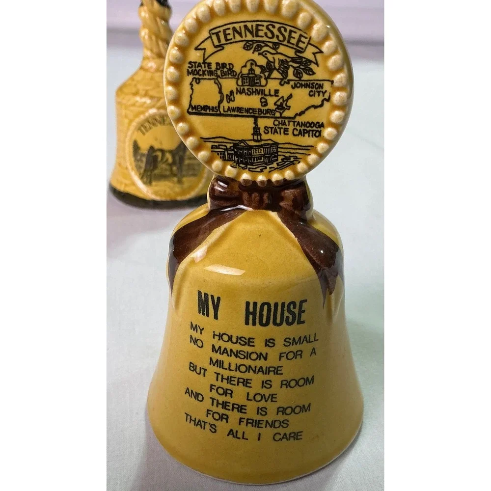 Vintage Tennessee Souvenir Bell Set Ceramic Bells My House Poem Horse MotifDecor